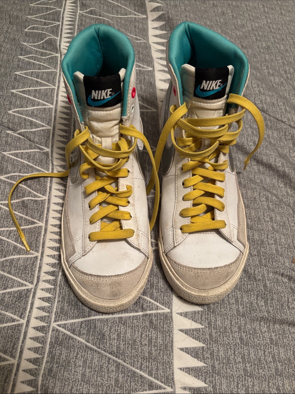 Nike Kids High-Top Sneakers in White with Teal Interior and Yellow Laces